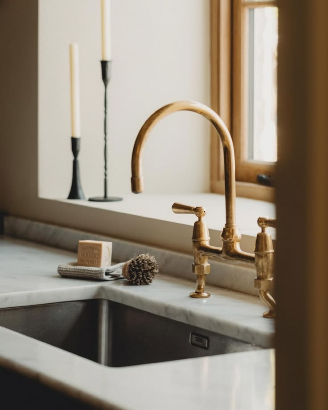 Barber Wilson Regent 1010, 1900's style cross handle kitchen bridge faucet in polished brass with side spray