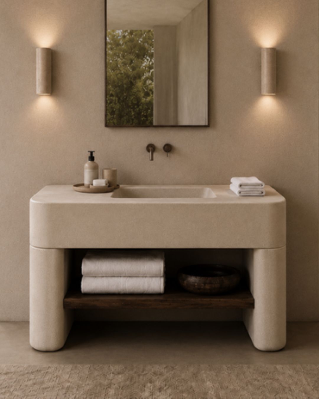Concrete and wood console style concrete vanity with square sink and bottom shelf