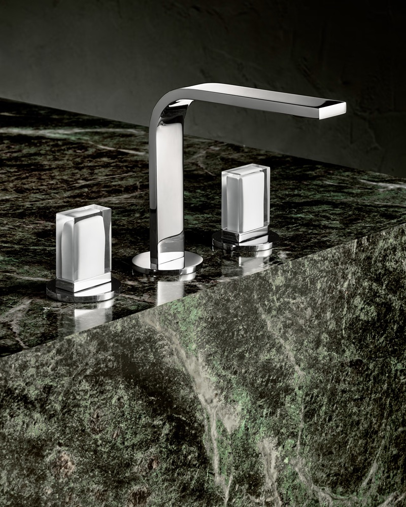 Fantini Venezia lavatory faucet in chrome with while glass block rectangular handles and flattened curve spout