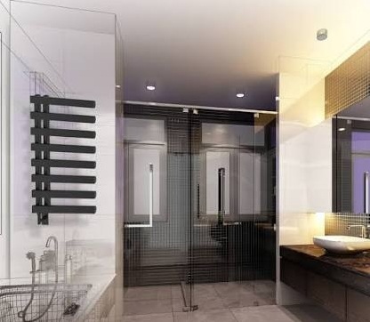 Vernon Atlantic City Wall mount towel warmer in black featured in a luxury bathroom with double shower and vessel sink vanity